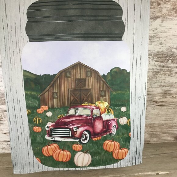 Welcome Mason Jar Scene with Red Truck and Pumpkins Fall Garden Flag - Picture 4 of 5